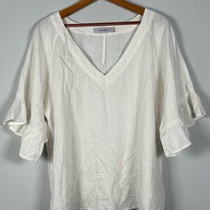 Haven Cream V-Neck Short Sleeve Linen Blouse, Size O/S